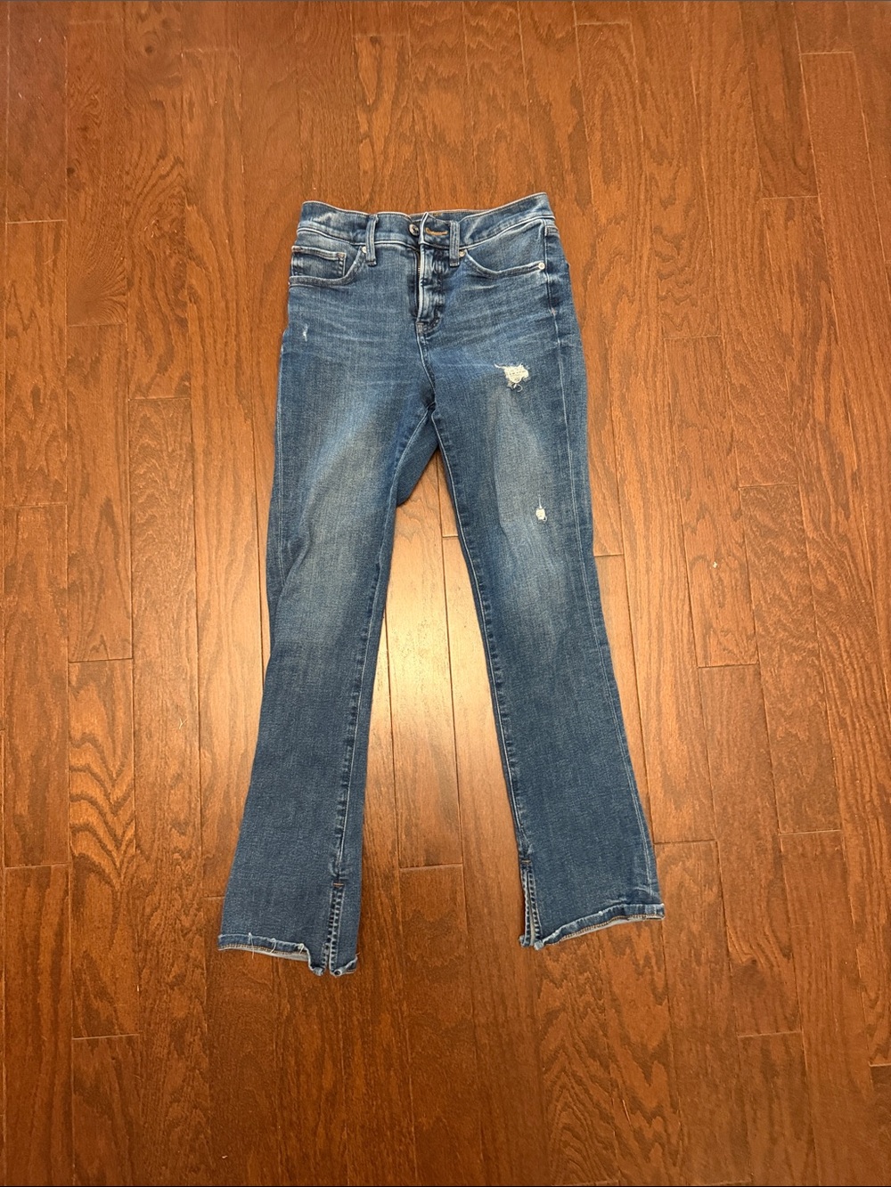 Express Distressed Flare Jeans in Medium Blue